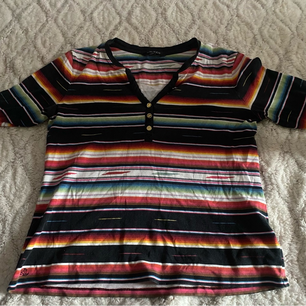 Lauren Ralph Lauren Womens Henley Shirt Stripes Size Large V Neck Classic Top
